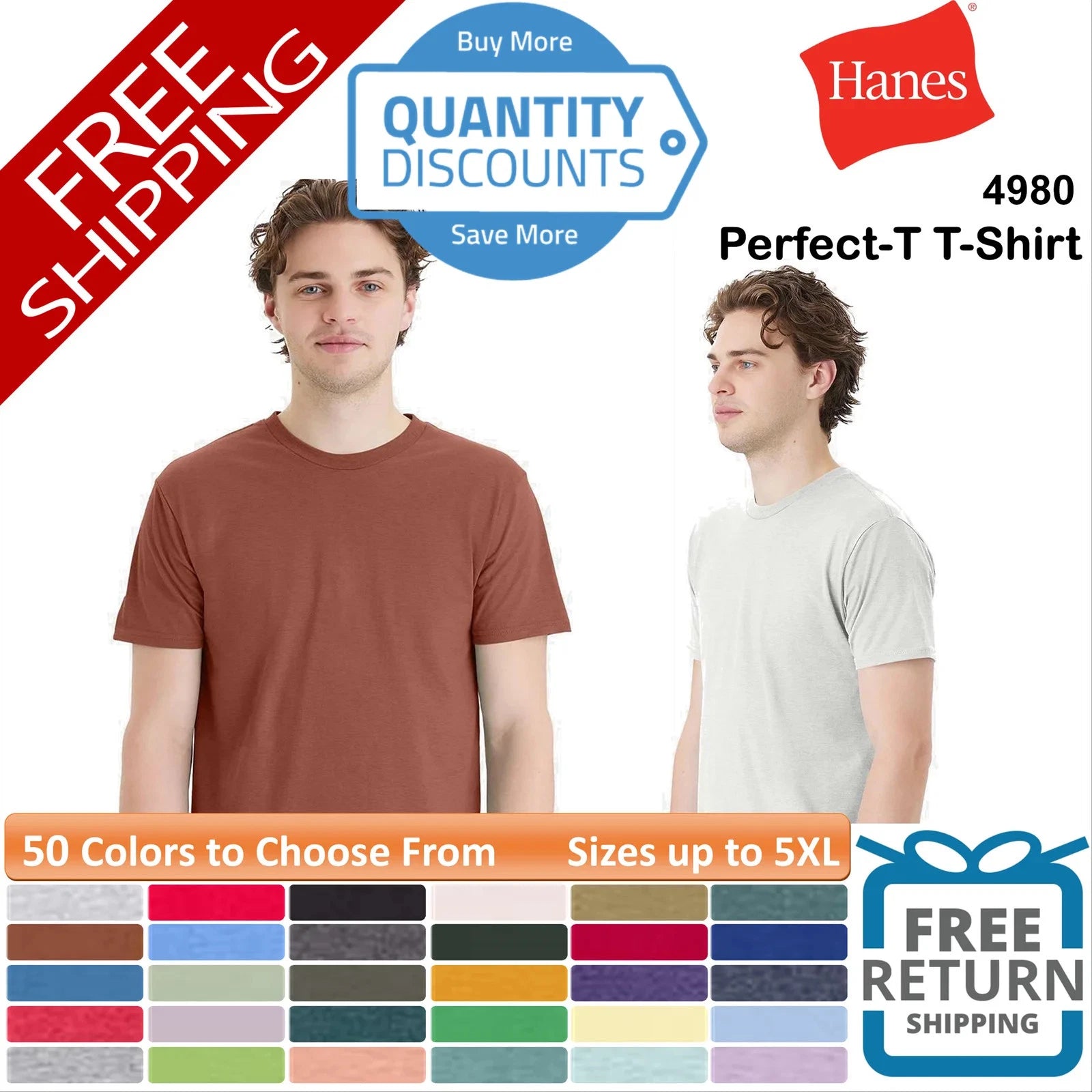 🔥 Hanes Perfect-T T-Shirt Cotton & Blends Short Sleeve Up To 5XL 4980 b