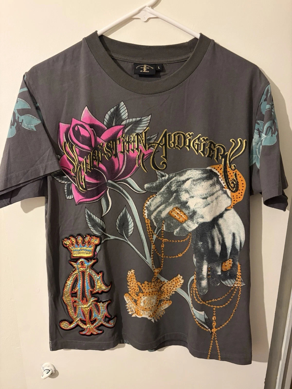 Christian Audigier Los Angeles 1953 AOP Shirt Mens L All Over Print Rhinestones