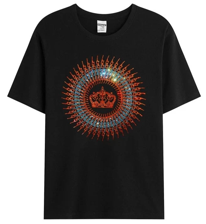 New Men Luxury Diamond Crown Rhinestones Fashion Black T-Shirt High Quality