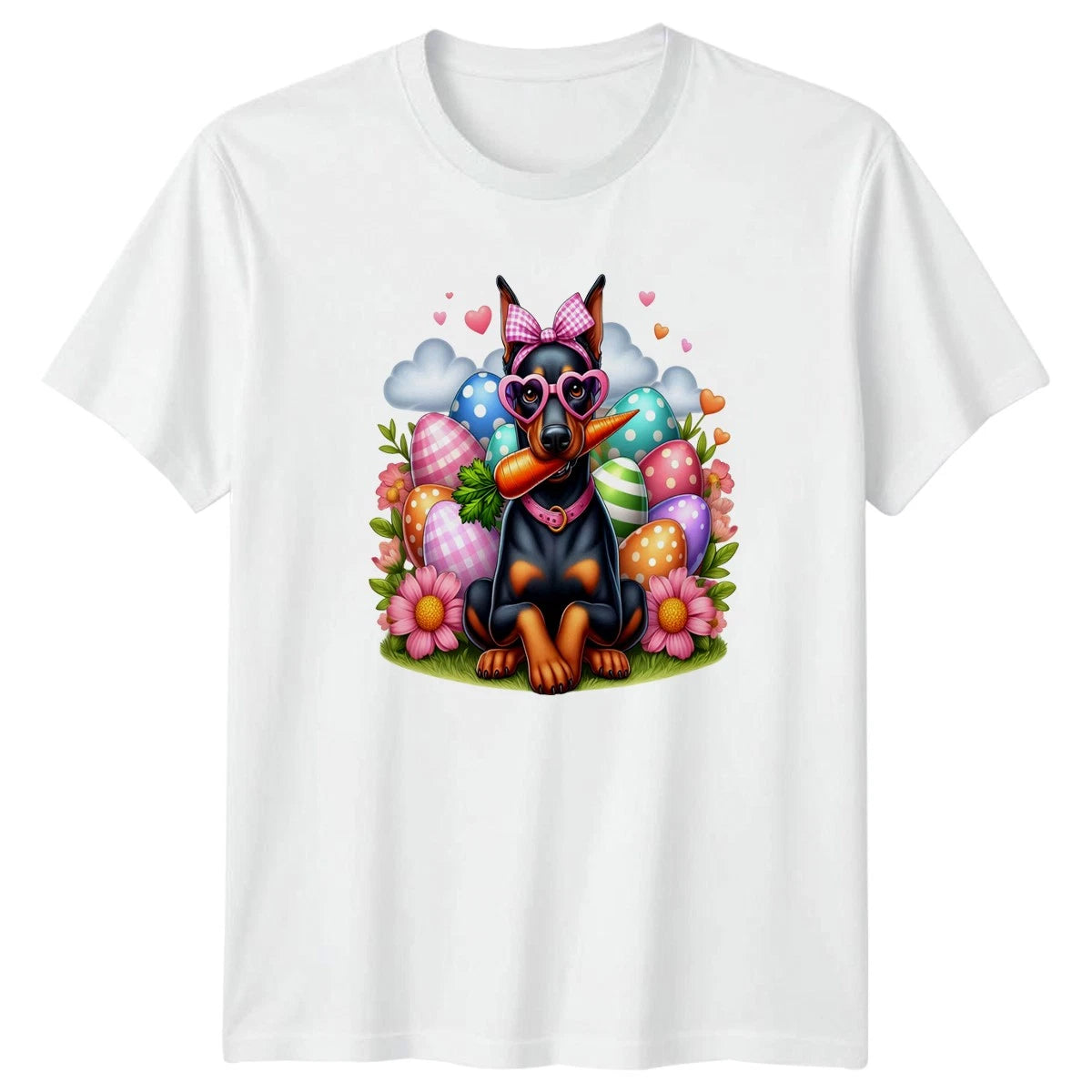 Cute Doberman Dog Wearing Pink Glasses Womens T-Shirt Doberman Pinscher Easter