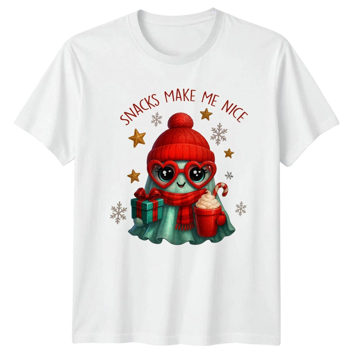 Snacks Make Me Nice Cute Ghost Christmas Holiday Mens Womens Graphic Tee