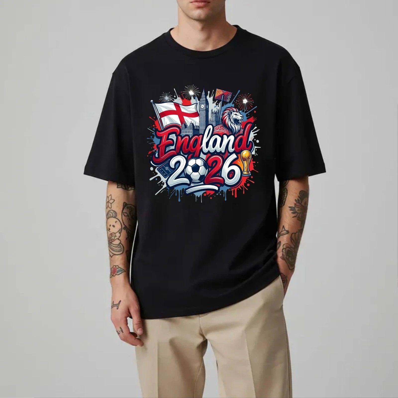 England 2026 World Cup T-Shirt - Football Lions Trophy Flage Fireworks Tee Top