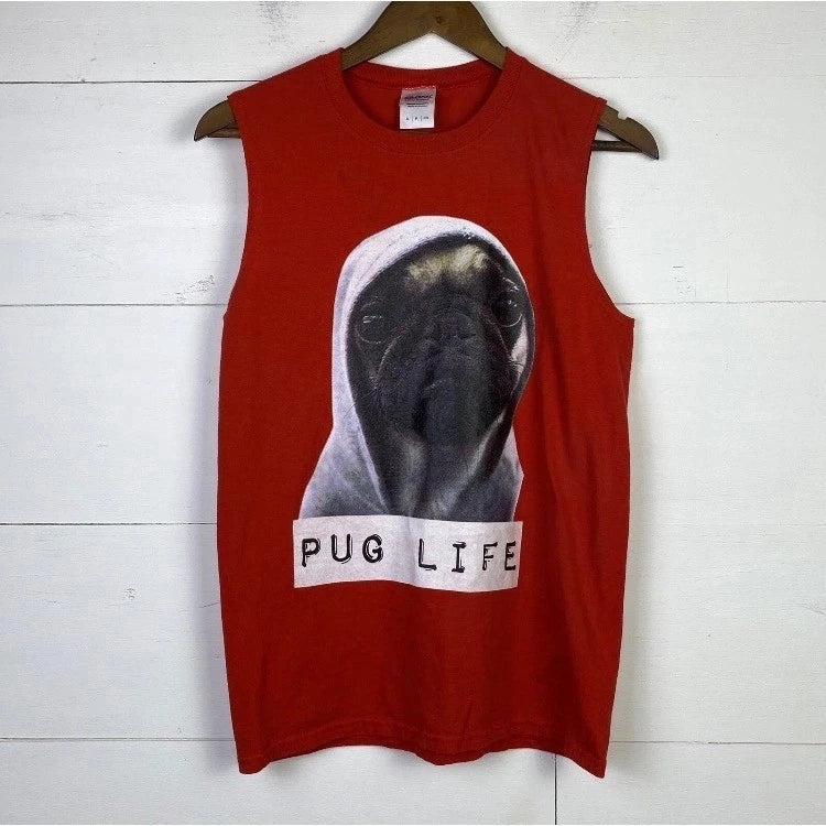 Pug Life Gildan Ultra Cotton Red Graphic Tee S Sleeveless Shirt Thug Dog Funny
