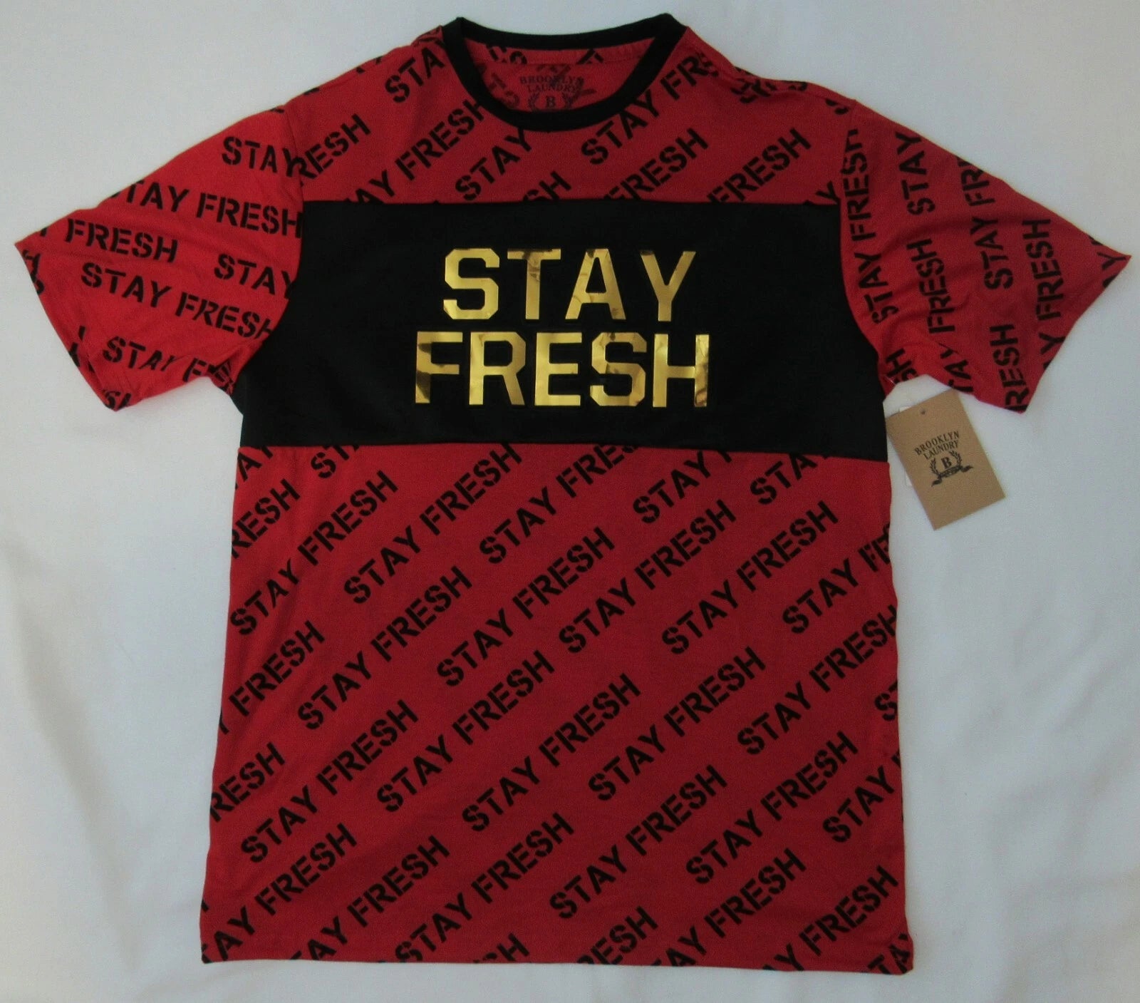 Men's Stay Fresh Fashion T-Shirt, Brooklyn Laundry, M & L, Gold Foil Letters NWT