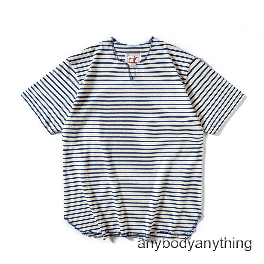 Summer Men's Sailor's Striped Shirt V-Neck T-shirt Vintage Casual Top Blue Tee