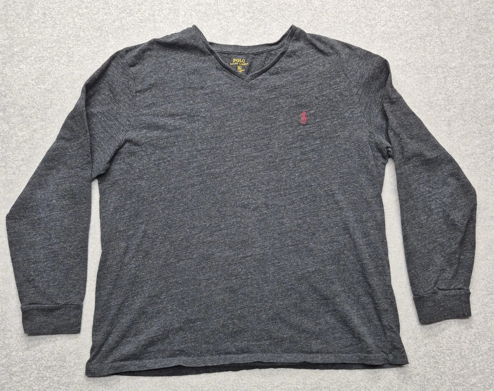 Polo Ralph Lauren Shirt Men XL Charcoal Gray Cotton Knit Long Sleeve V-Neck Pony
