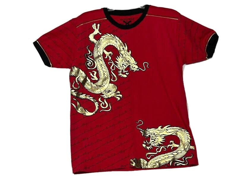 Bucheli Mens T Shirt XL Moda Italia Red Slim Fit Gold Dragons Short Sleeve