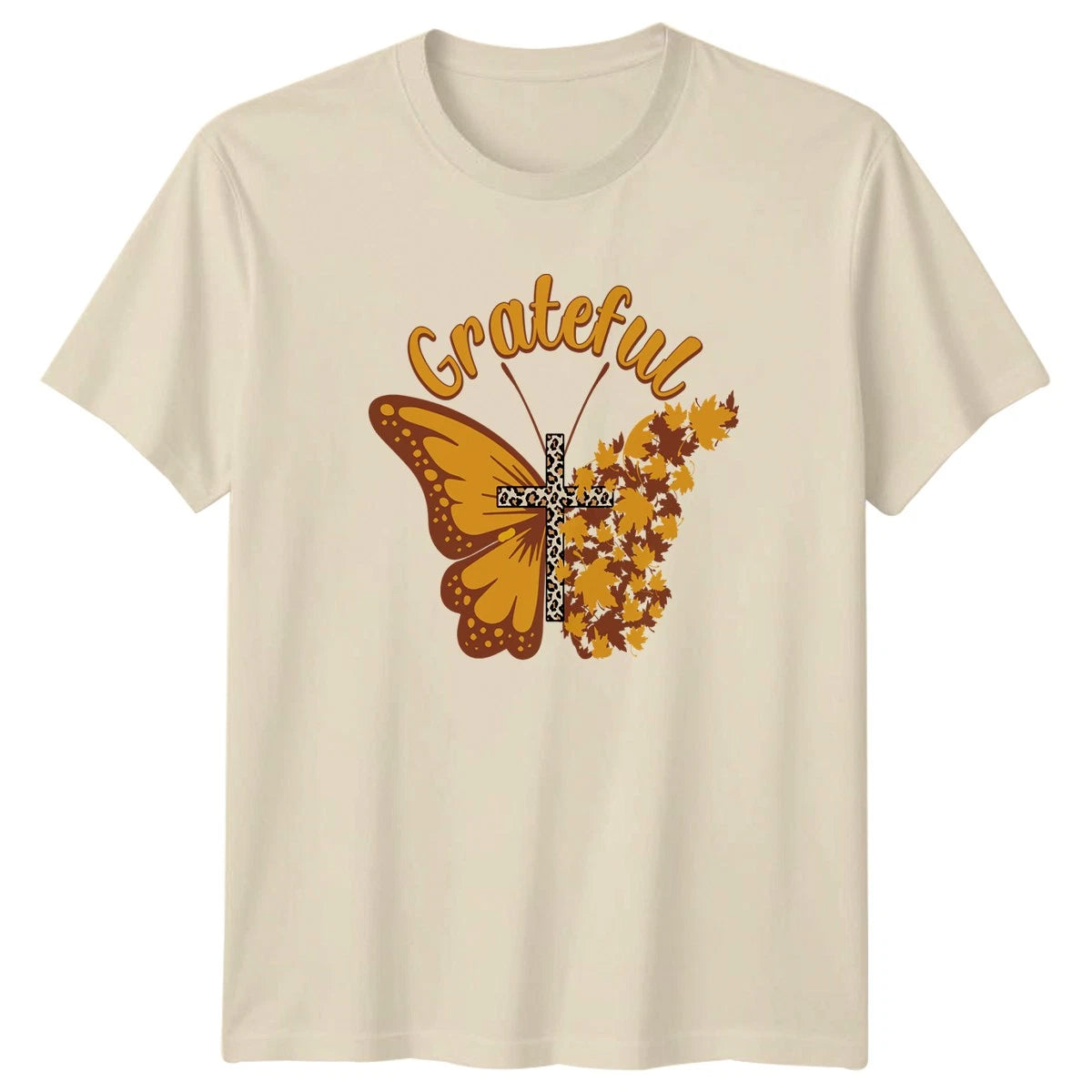 Grateful Womens T-Shirt Butterfly Cross Autumn Fall Gift For Her
