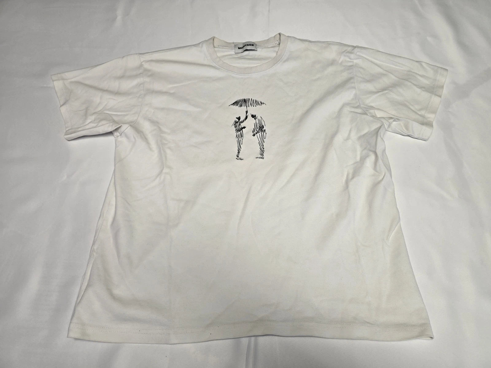 Montage White Graphic T-Shirt Minimalist Umbrella Figure Short Sleeve Mens Tee