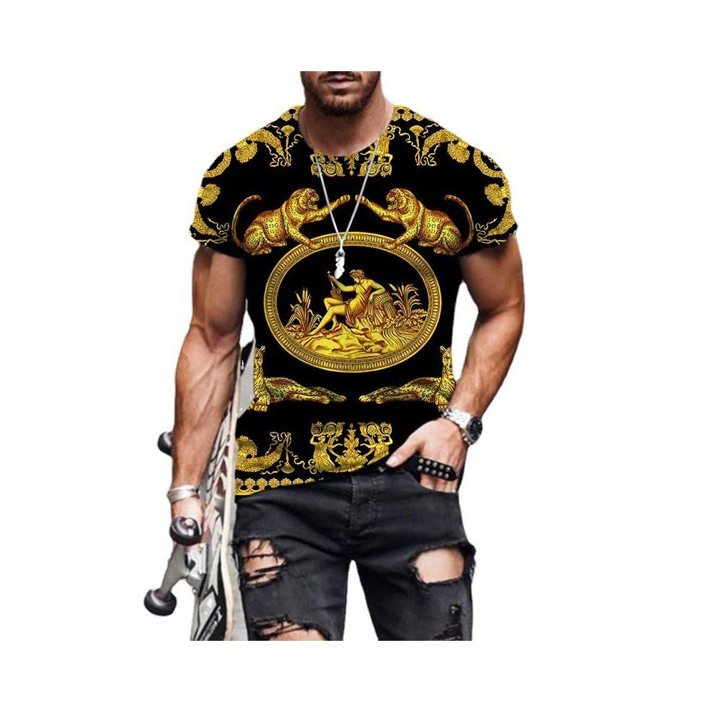 Mens Baroque Gold Print T Shirt   Luxury Greek Medusa Style Graphic Designer Tee