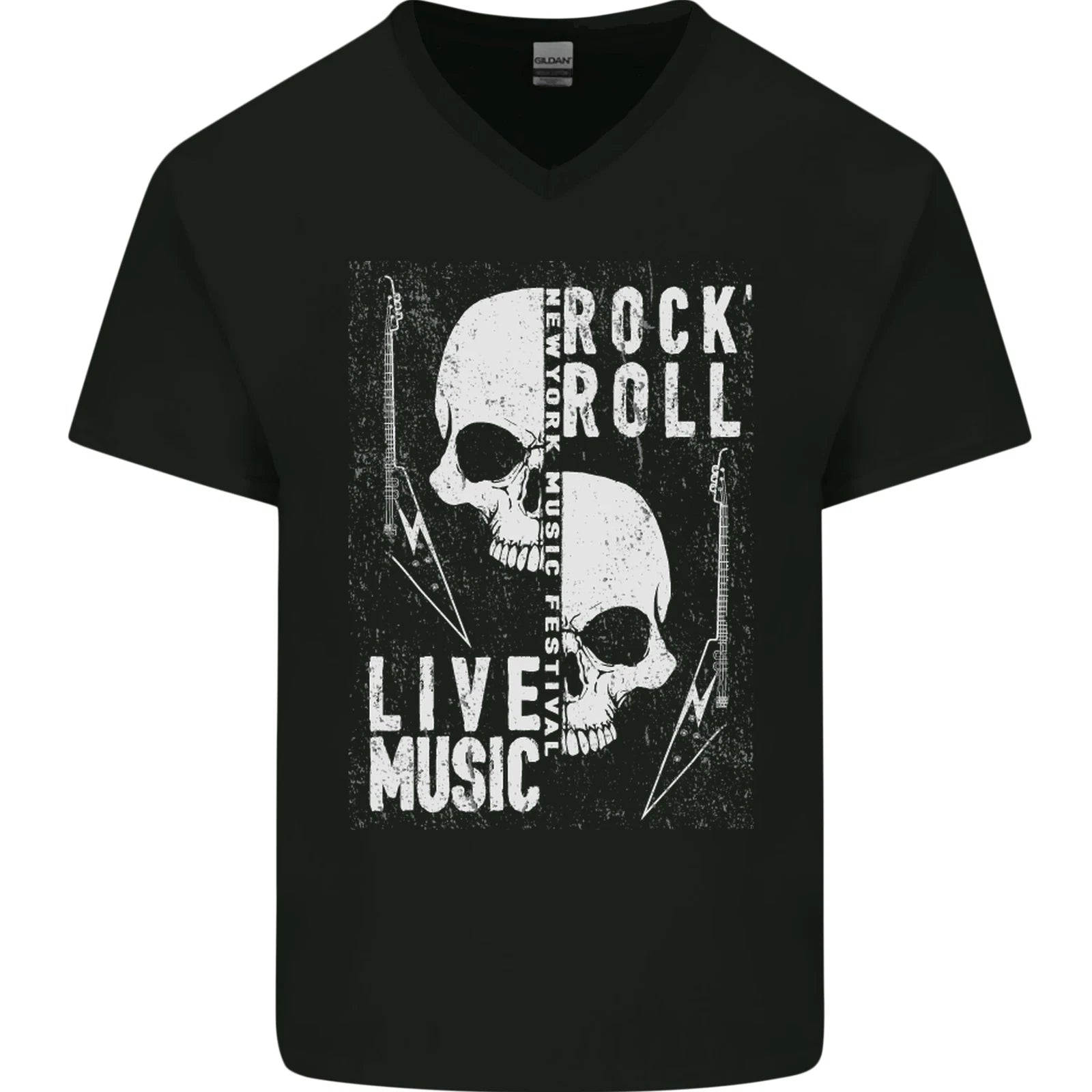 Rock n Roll Live Music Skull Guitar Mens V-Neck Cotton T-Shirt