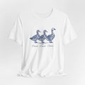 Blue Line Delft Style Art Duck Duck Goose Tee, Cute Vintage Looking Birds Shirt