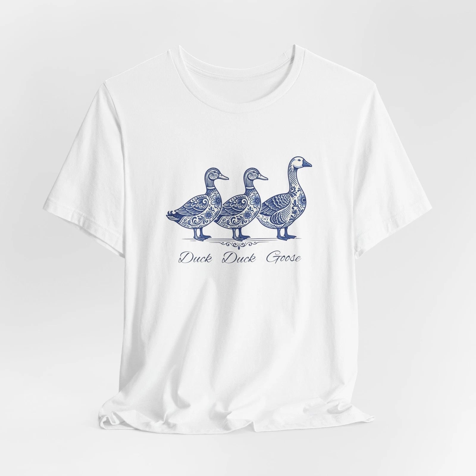 Blue Line Delft Style Art Duck Duck Goose Tee, Cute Vintage Looking Birds Shirt