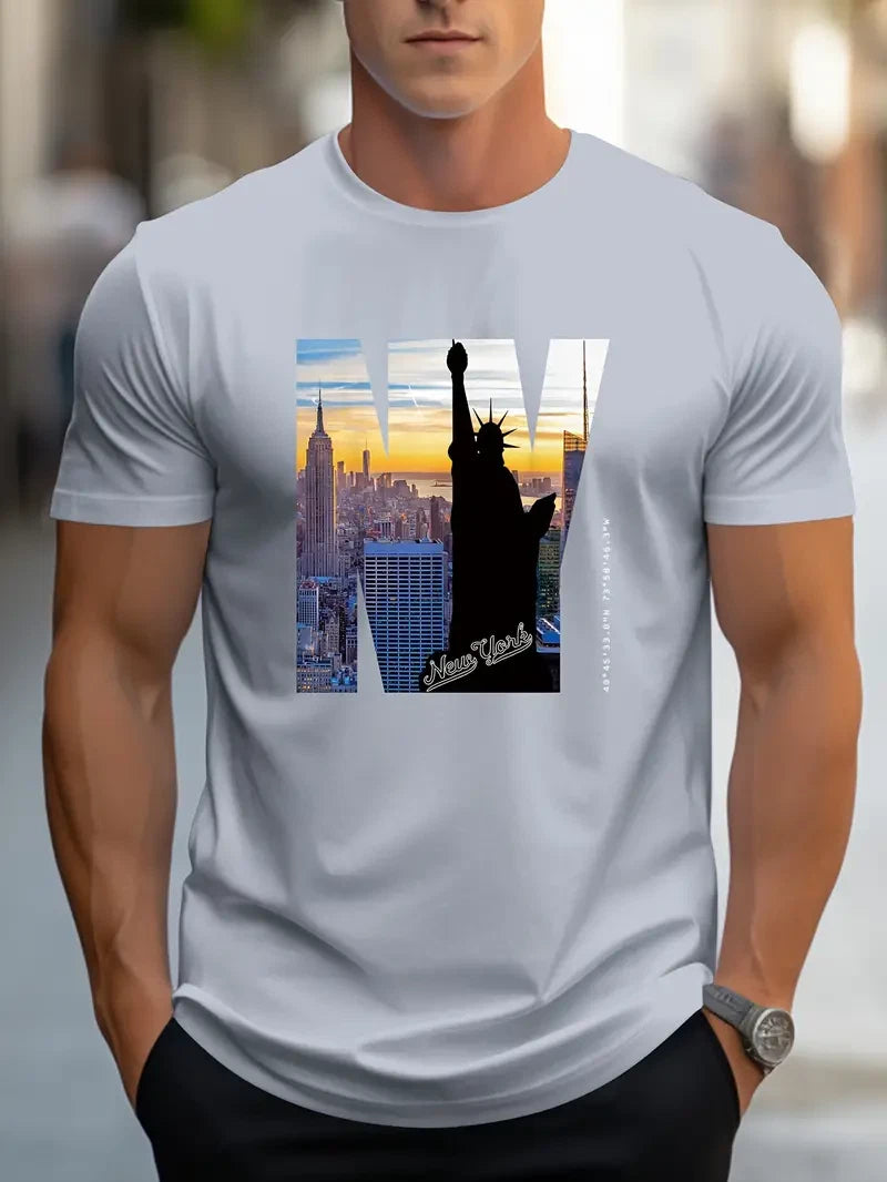 Men Stylish NYC-Inspired T-Shirt Patriotic Print Short Sleeve Breathable Gray