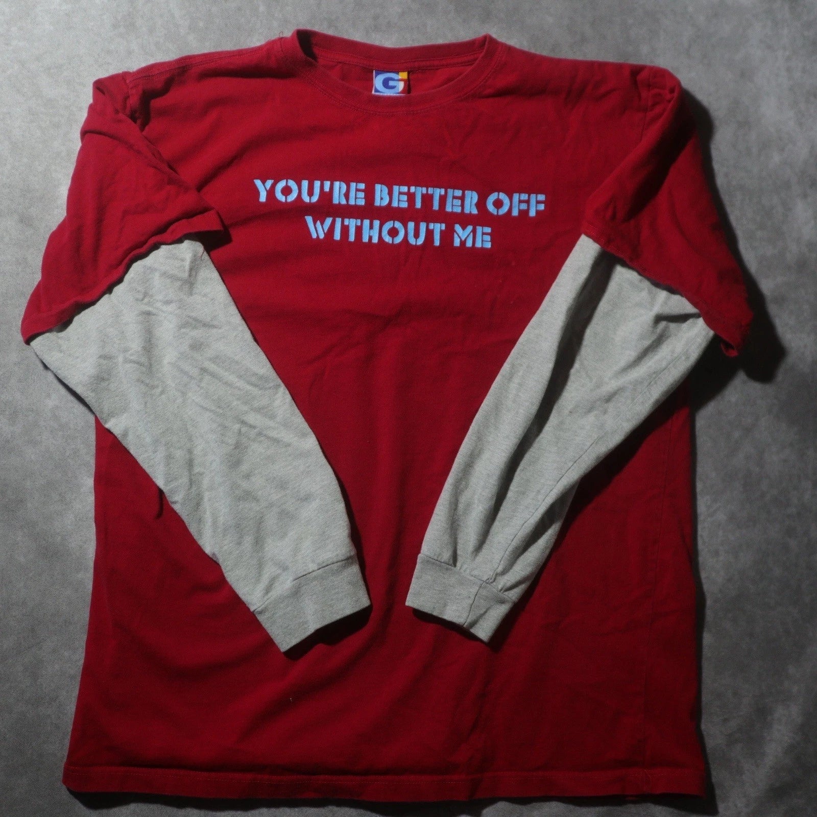 Giant Apparel Mens Layered Graphic T-Shirt Red Grey Better Off Without Me L/XL