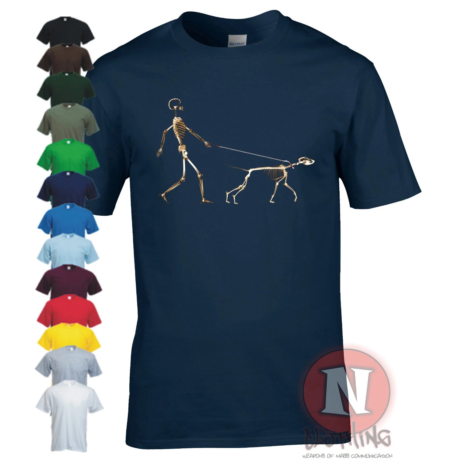 Skeleton Dog Walker t-shirt canine doggy funny urban art Banksy style