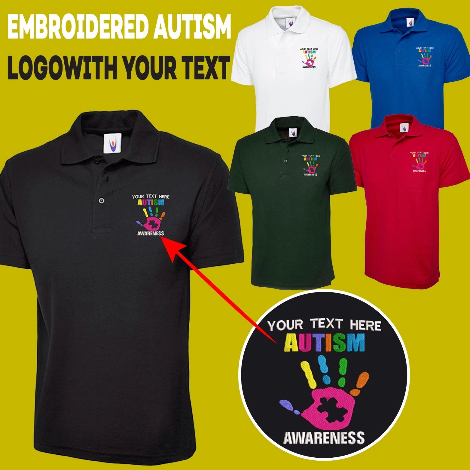 Personalised Custom Embroidered Polo Puzzle Ribbon Autism Awareness Kids Love