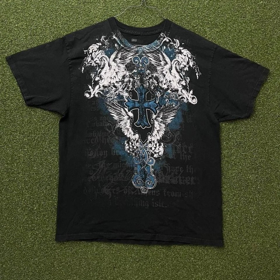 Y2K Urban Legends AOP Cross with Wings Black Graphic Tee Shirt