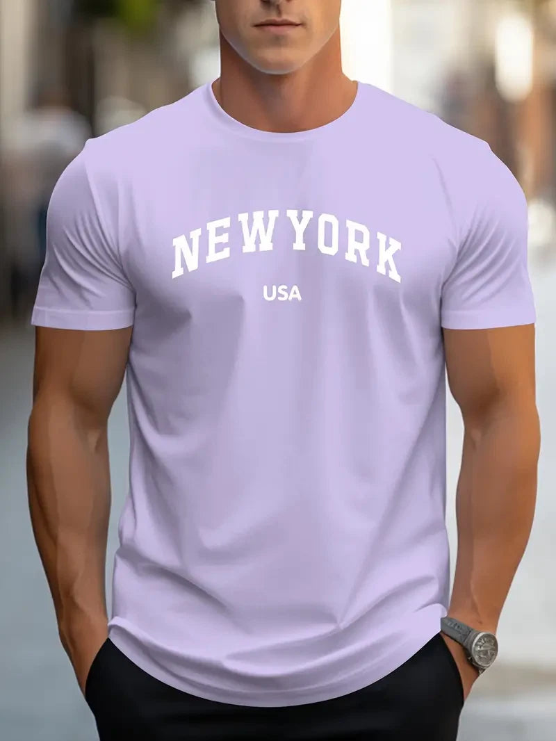 Stylish New York Mens Crew Neck T-Shirt Patriotic Print Short Sleeve Black New