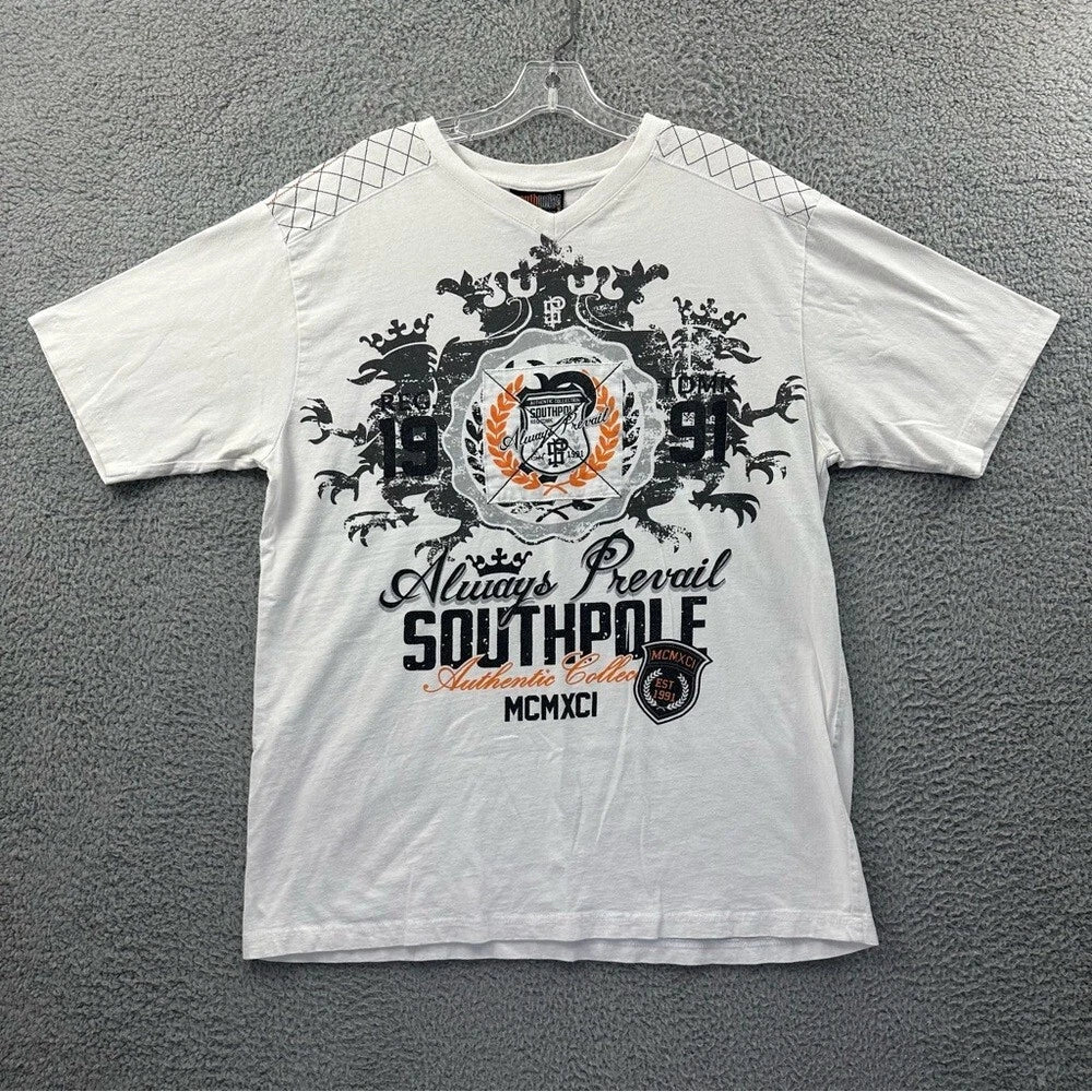 Vtg Southpole V Neck Short Sleeve T Shirt Graphic White Grunge Skater Y2K M XL