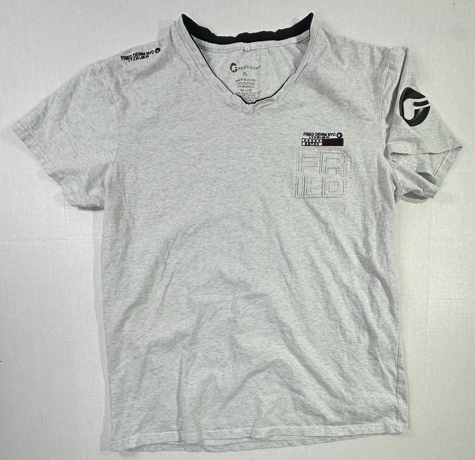 Fried Denim NYC Gray V-Neck T-Shirt XL Embroidered Logo Short Sleeve
