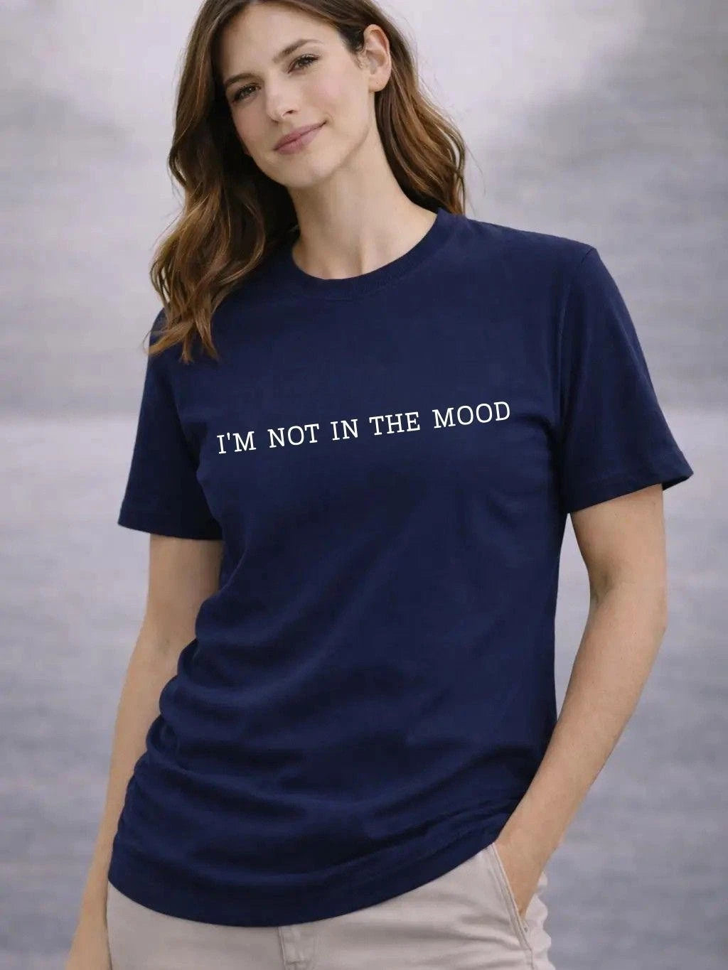 Not in The Mood Navy Women's T-Shirt – Funny Sarcastic Minimalist Graphic Tee