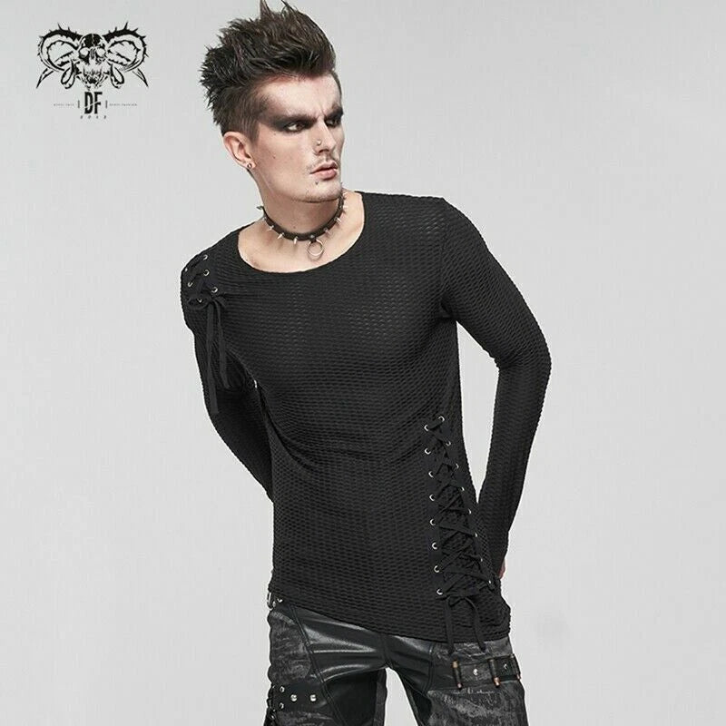 Devil Fashion Punk Men Mesh Tops Asymmetrical Hem Drawstring Decoration T-shirts