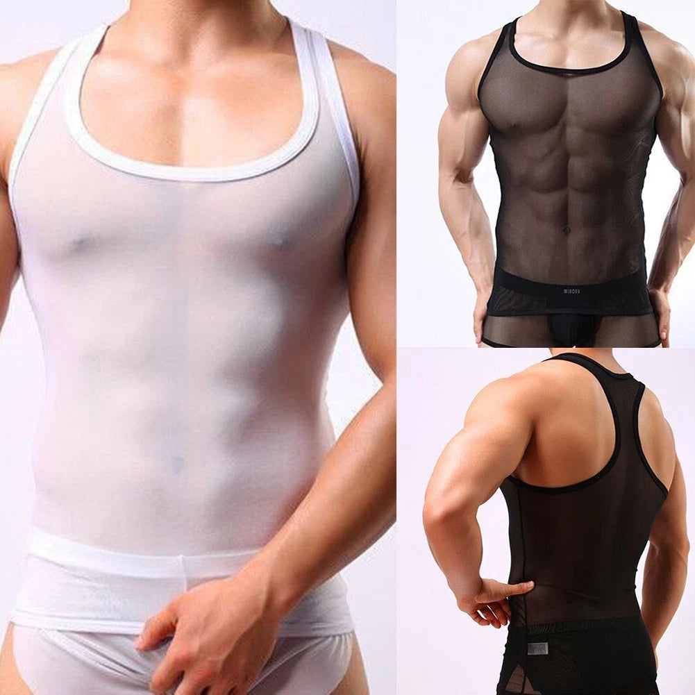 Men's Sleeveless Vests Fishnet Tank Tops Stylish Sheer Breathable Wear