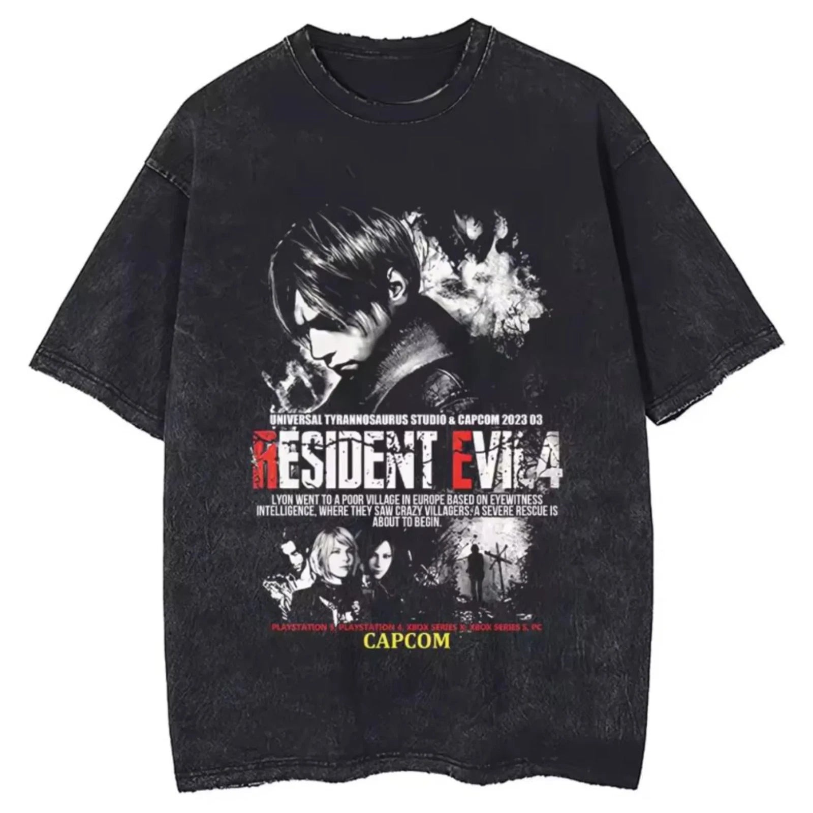 Hip Hop Washed Black T-Shirt Street Clothing Retro Pattern Resident Evil T-Shirt
