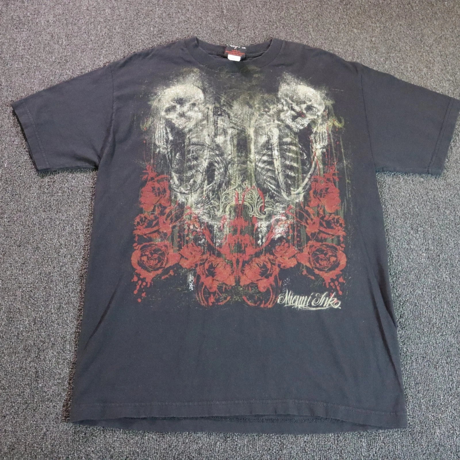 Miami Ink Mens Large Black T Shirt Skeleton Y2k Vintage Grunge Skater 2000s Tat