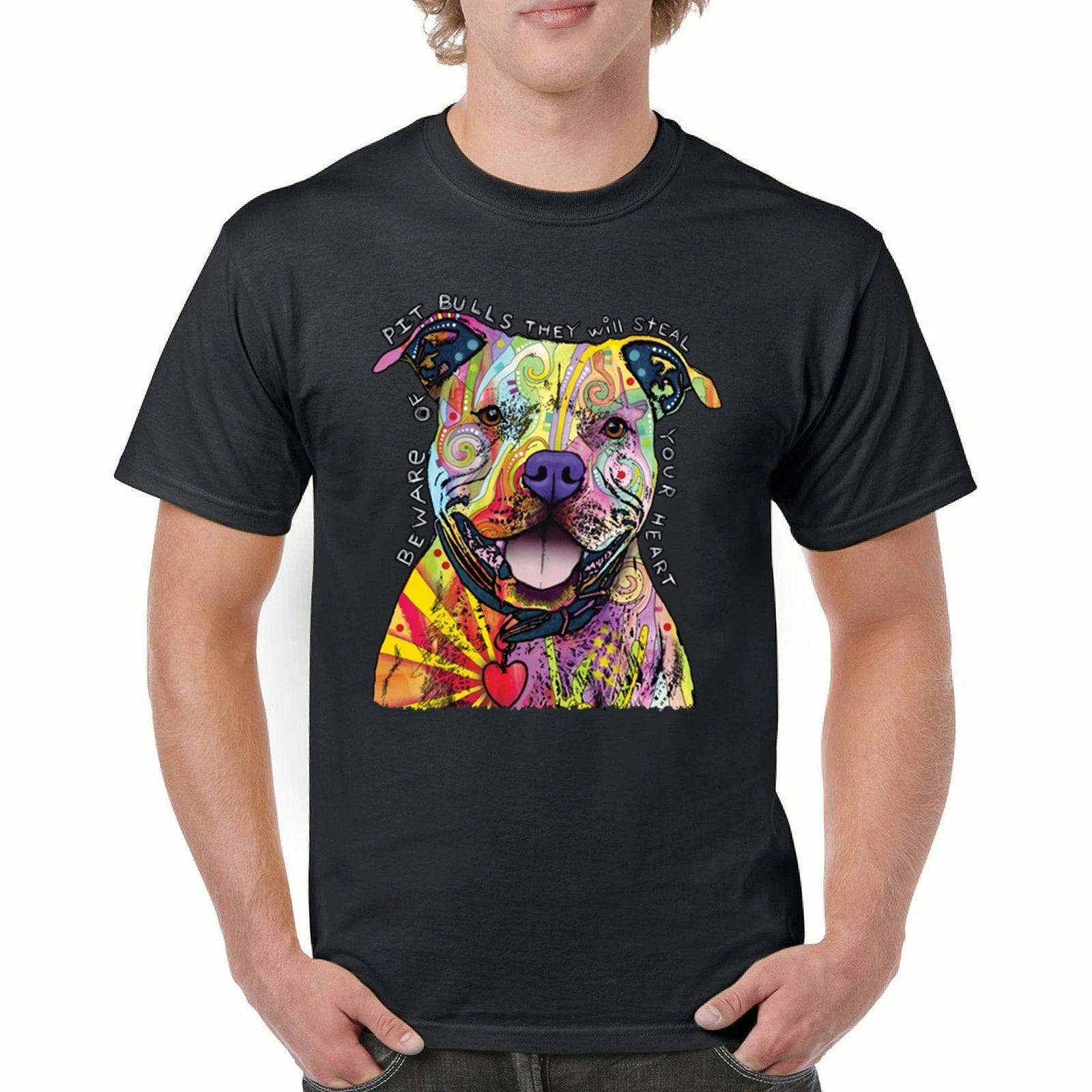 Beware of Pit Bulls T-shirt Dean Russo Art Colorful Cute Dog Men's Tee
