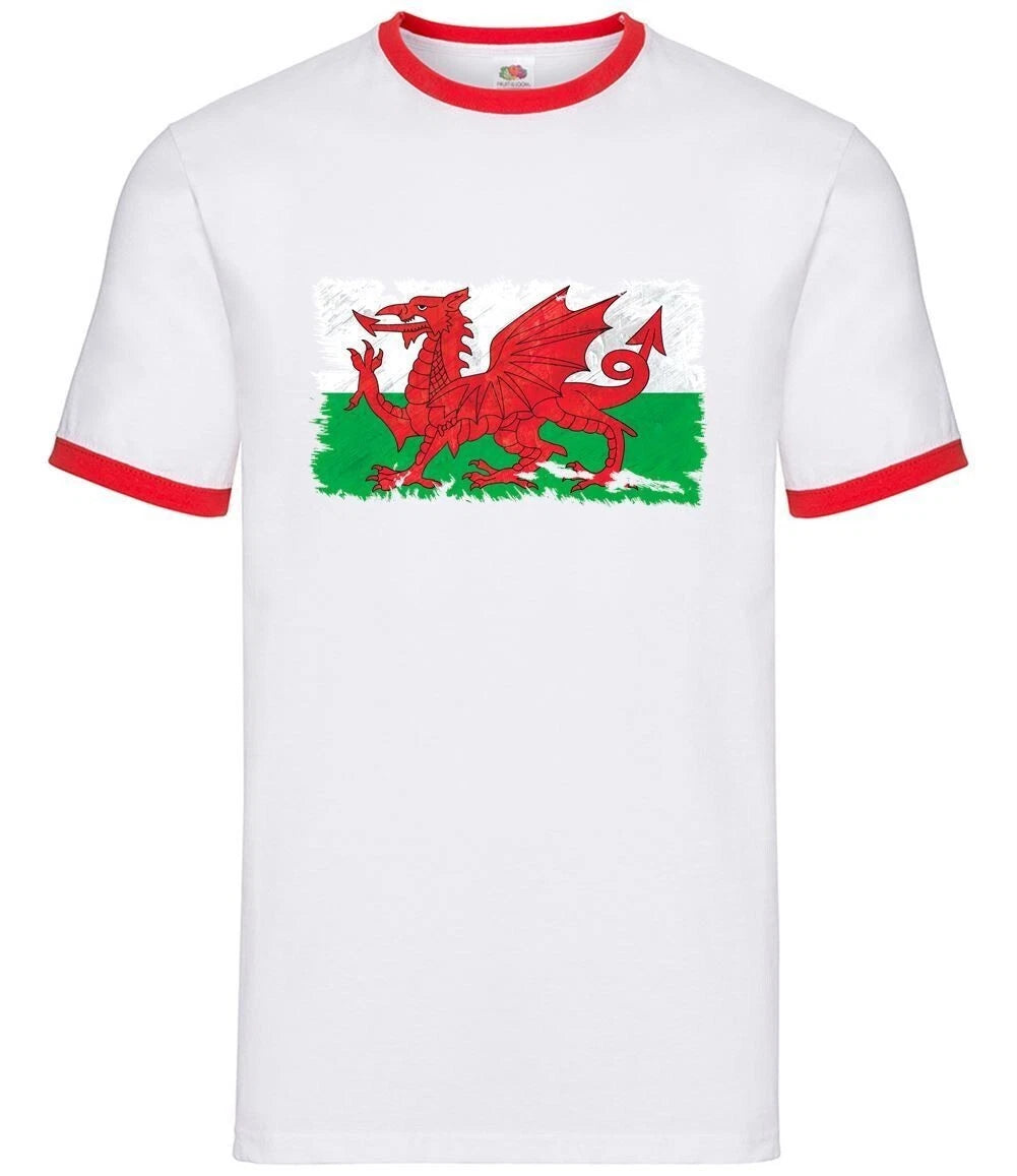 Wales Grunge Style Flag - Mens Ringer - Welsh Cymru Country Rugby 6 Nations