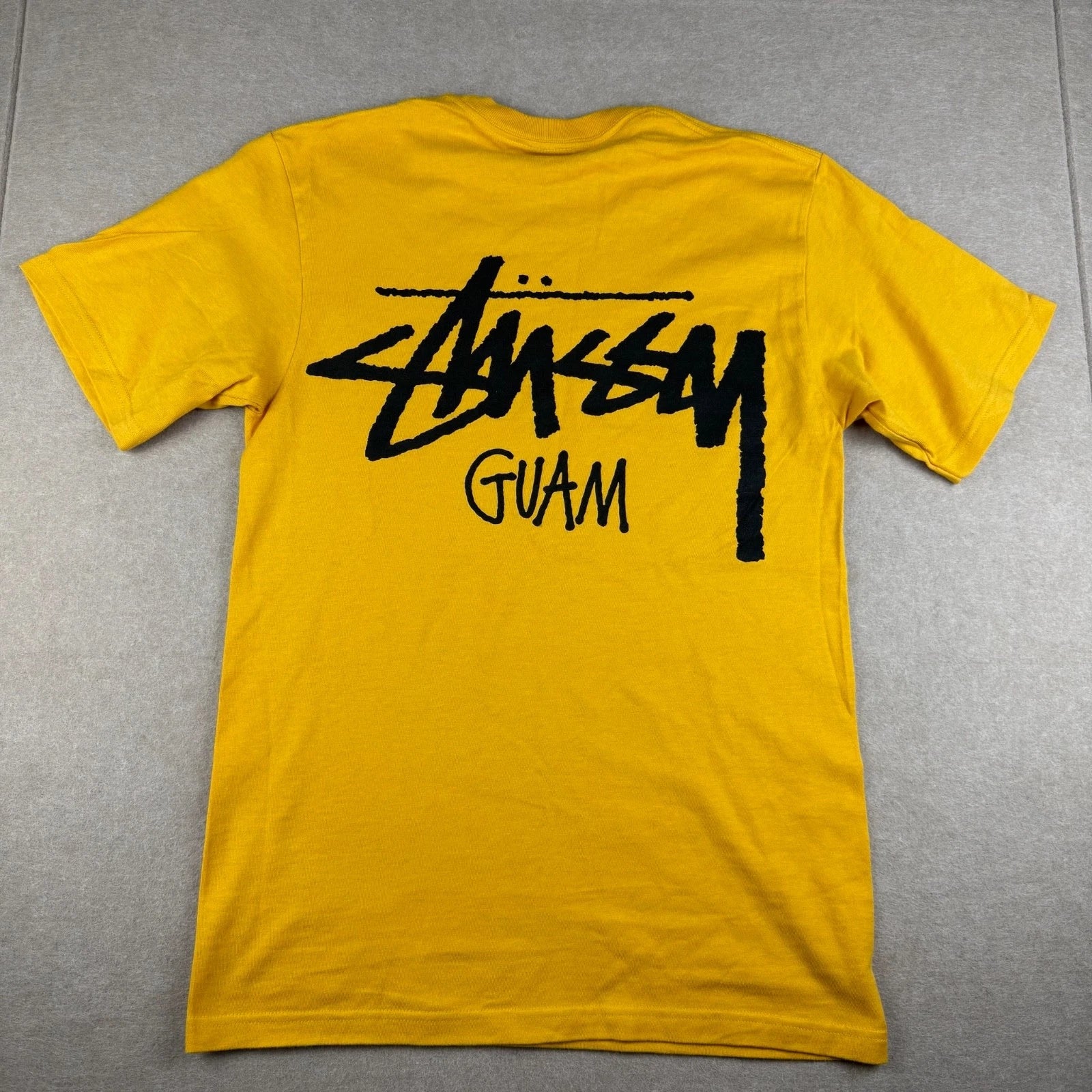 Stussy Guam Shirt Mens S Yellow Logo Streetwear Skate Surf Graphic Tee
