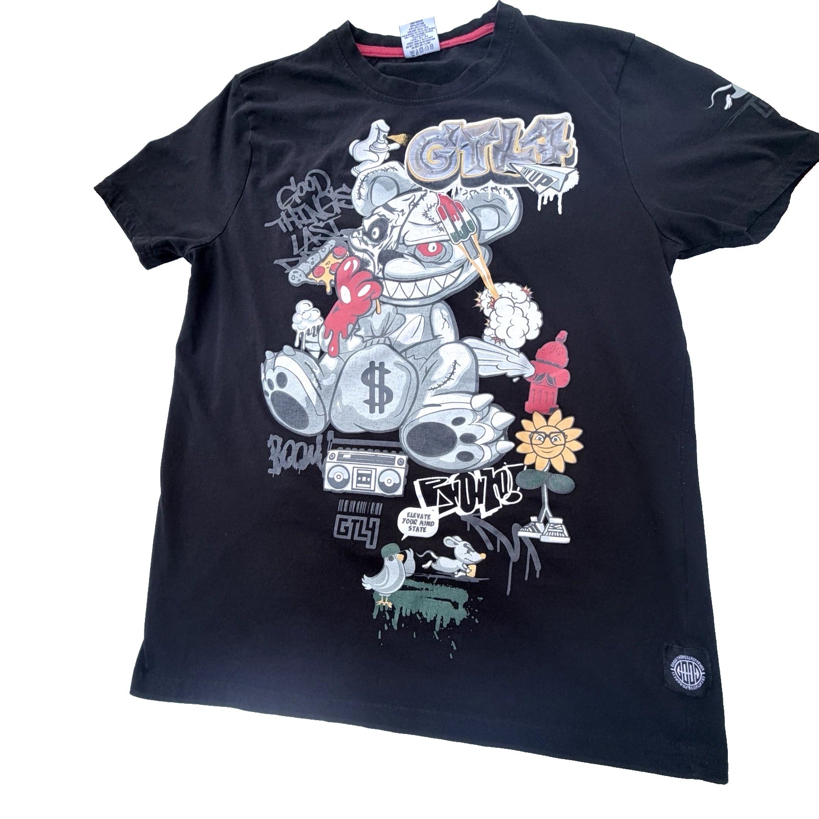 GTL4 Men's Black Graffiti T-Shirt Cyborg Psycho Bear Streetwear Graphic Size L