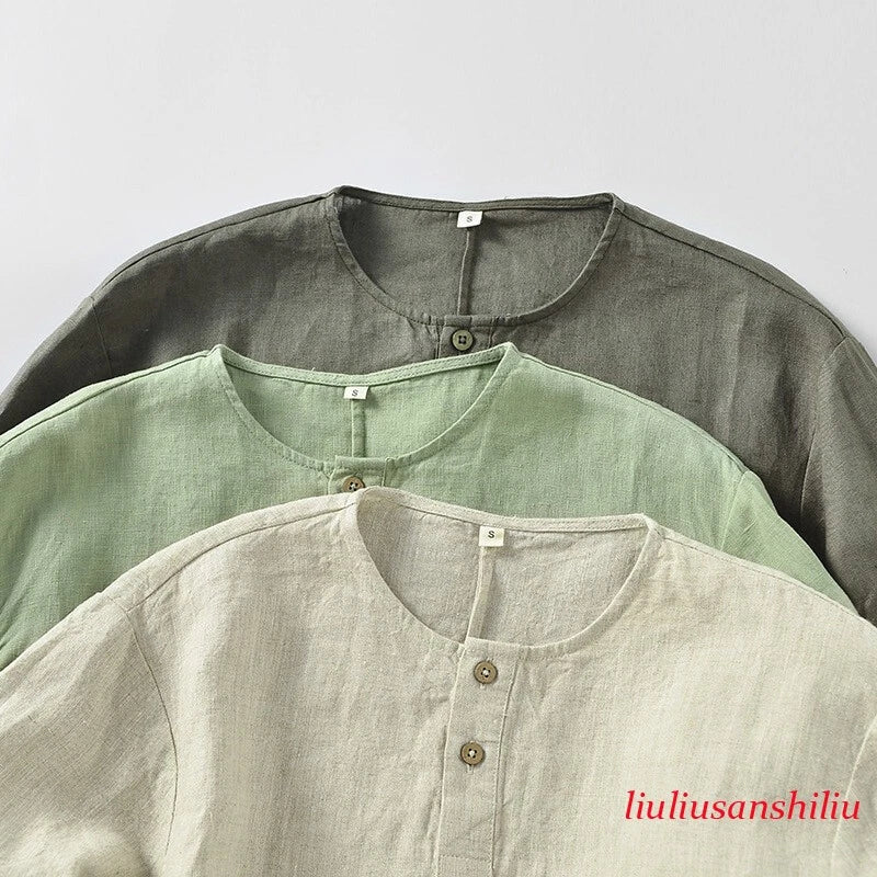 Cool Summer Linen T Shirt 3/4 Sleeve Shirt Men's Casual Linen T-Shirt Pull Over