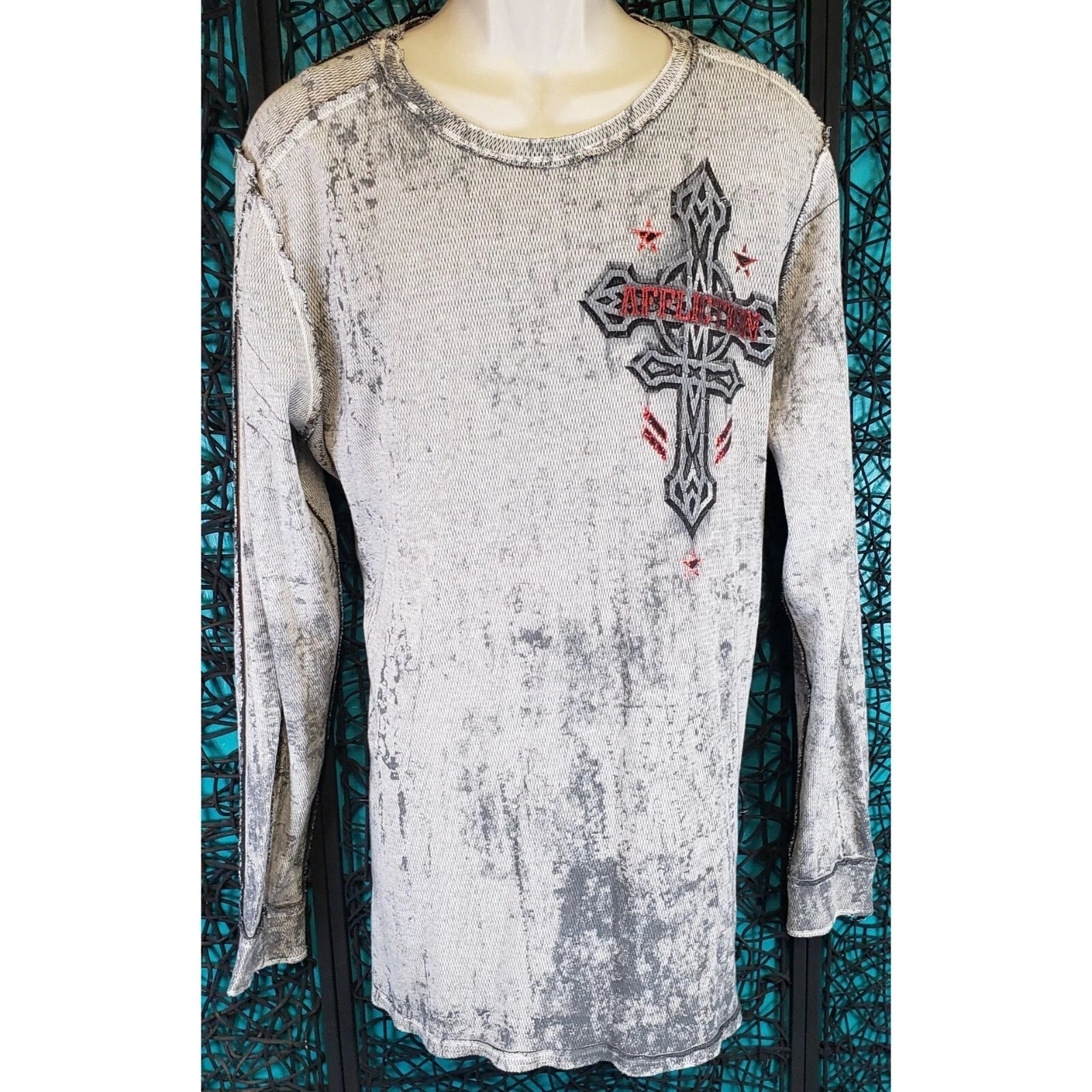 VTG AFFLICTION MENS REVERSIBLE LONG SLEEVE THERMAL SHIRT 2XL GRAY U.S.A. GRUNGE