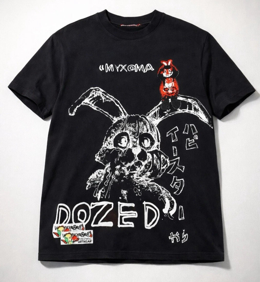 Men's Black Myxoma Dozed Streetwear Artwear Crewneck T-Shirt By Very Rare Large