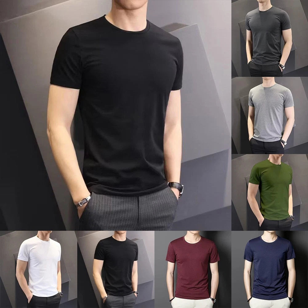 Men T-shirt 90% Polyester 10% Spandex Crew Neck Moisture Wicking Solid Color