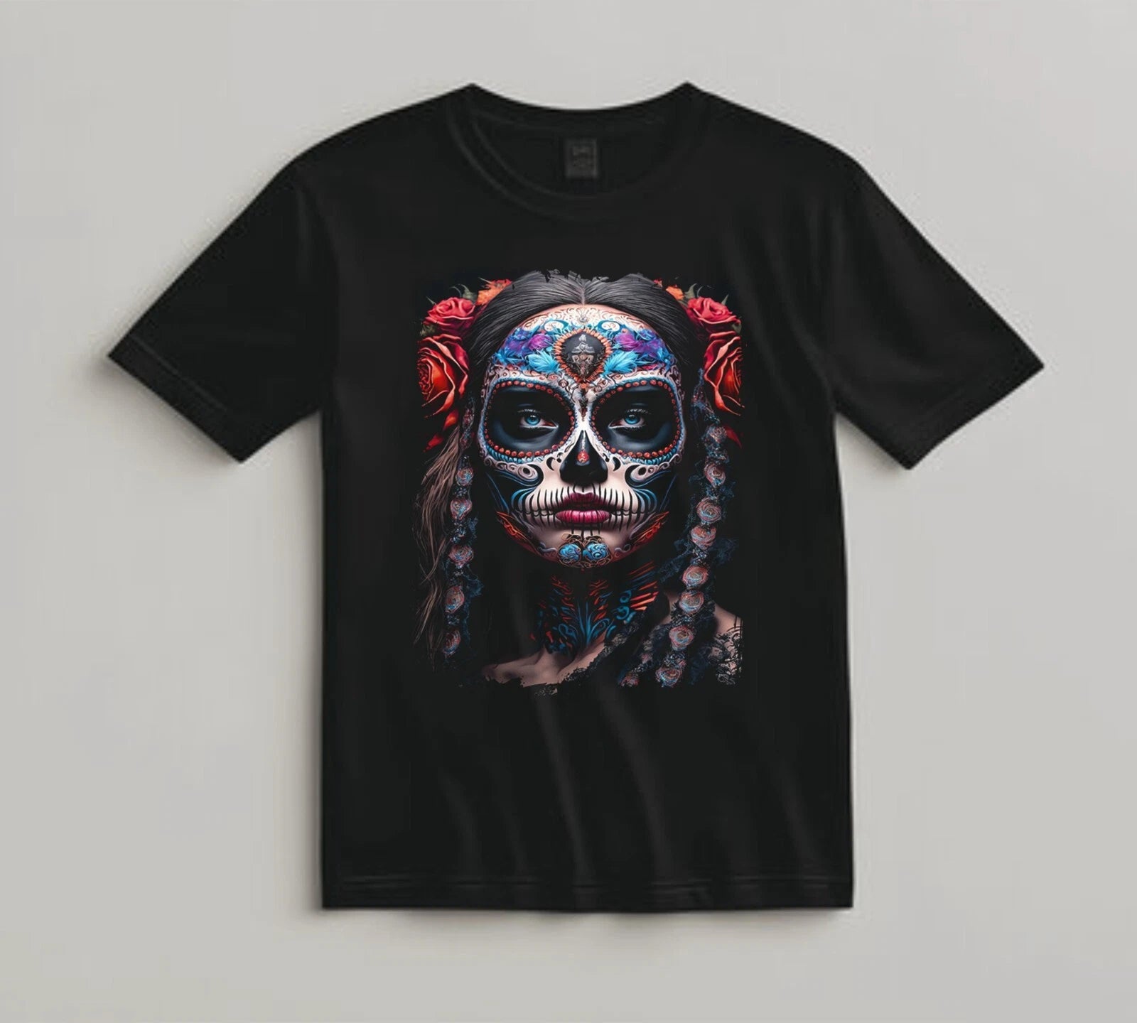 Sugar Skull T Shirt Red Roses Día de Muertos Graphic Art Tee Gift Gothic A415