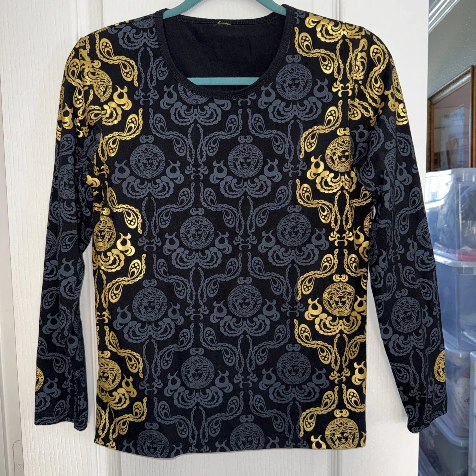 Ladies Long Sleeve Shirt Black Gold Stretch Fancy Elegant Medium See Note 5518