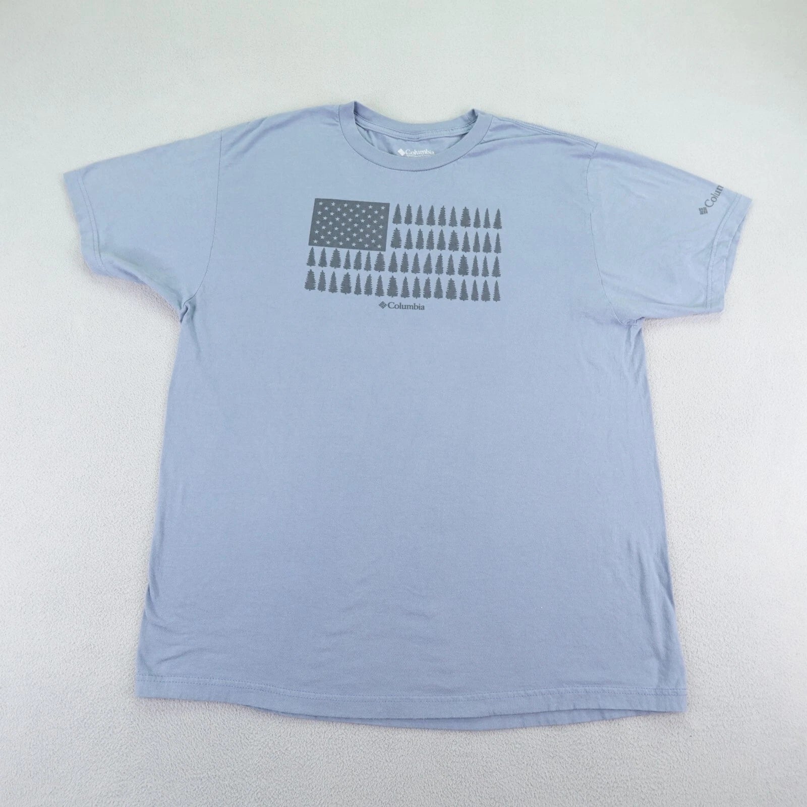 Columbia Shirt Mens XL Blue Short Sleeve USA American Flag Forest Trees Camping