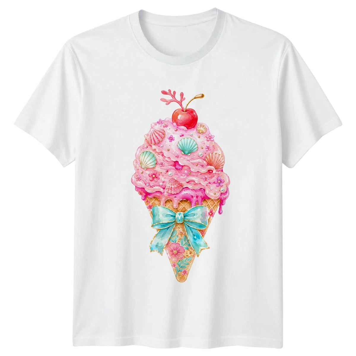 Pink Coastal Summer Ice Cream Womens T-Shirt Coastal Aesthetic Gift For Her