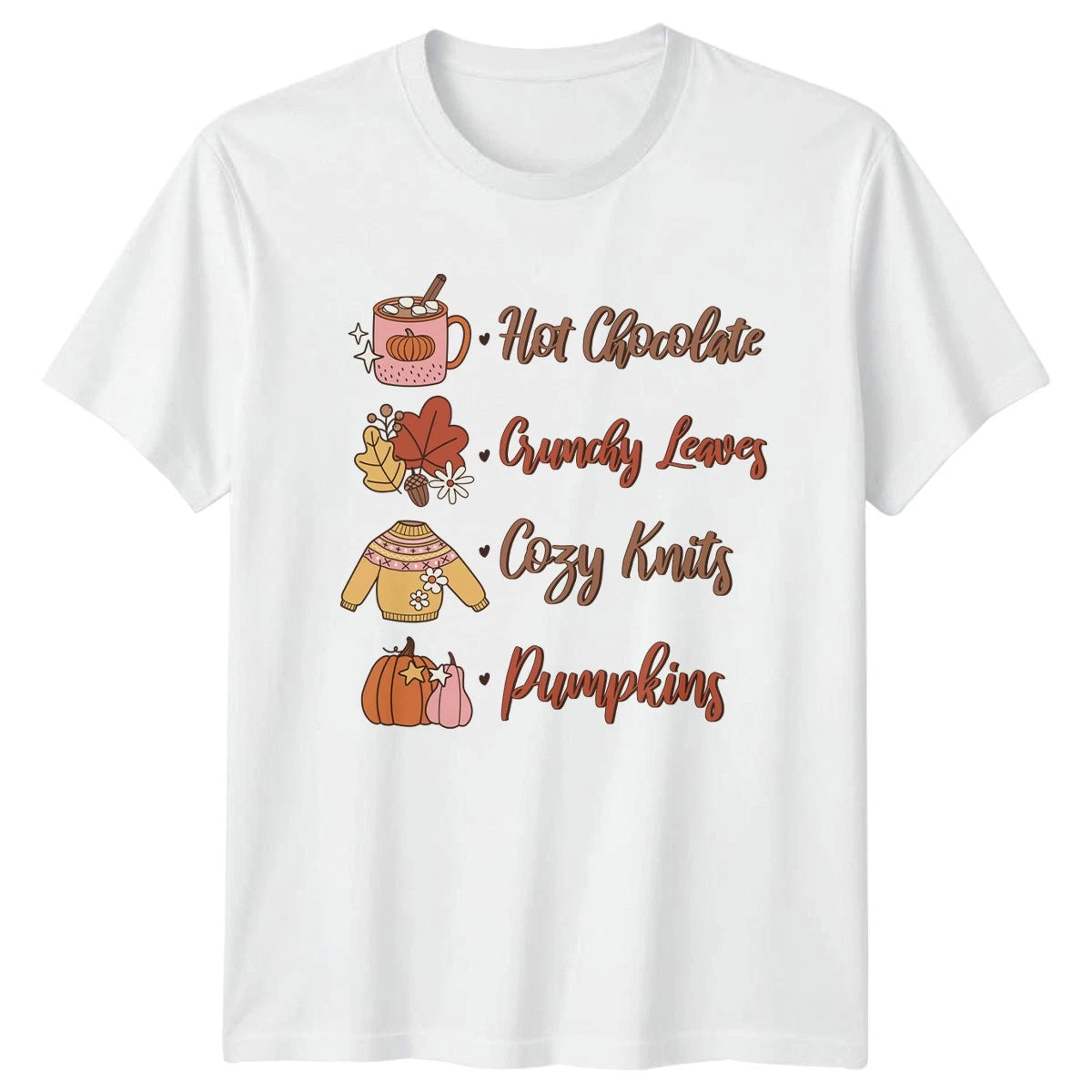 Hot Chocolate Crunchy Leaves Cozy Knits Womens T-Shirt Fall Aesthetic Autumn