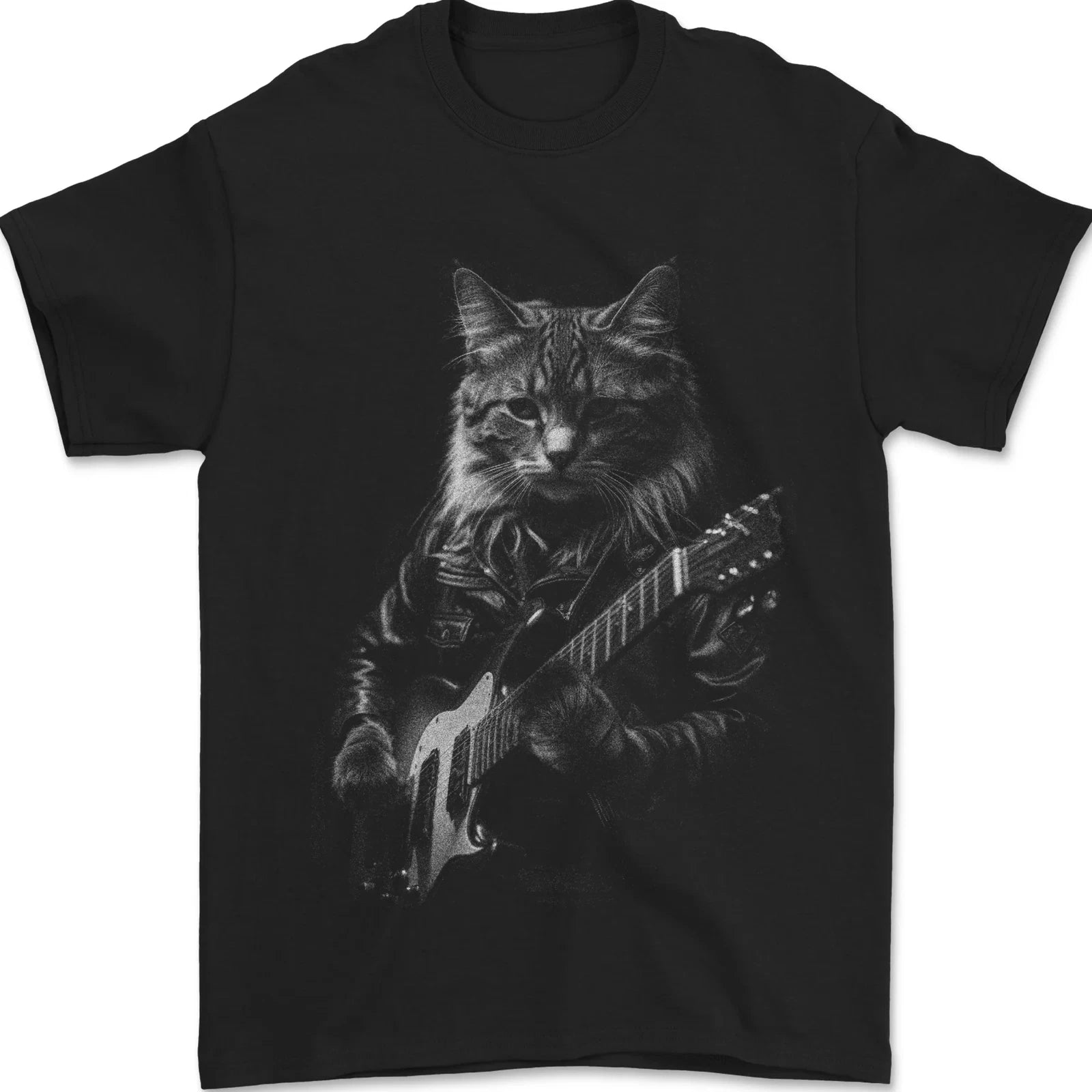 Rock Cat with an Electric Guitar Mens T-Shirt 100% Cotton