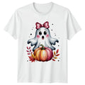 Cute Pink Bow Ghost Autumn Womens T-Shirt Kawaii Halloween Fall Pumpkin