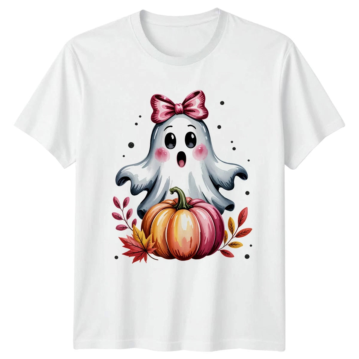 Cute Pink Bow Ghost Autumn Womens T-Shirt Kawaii Halloween Fall Pumpkin