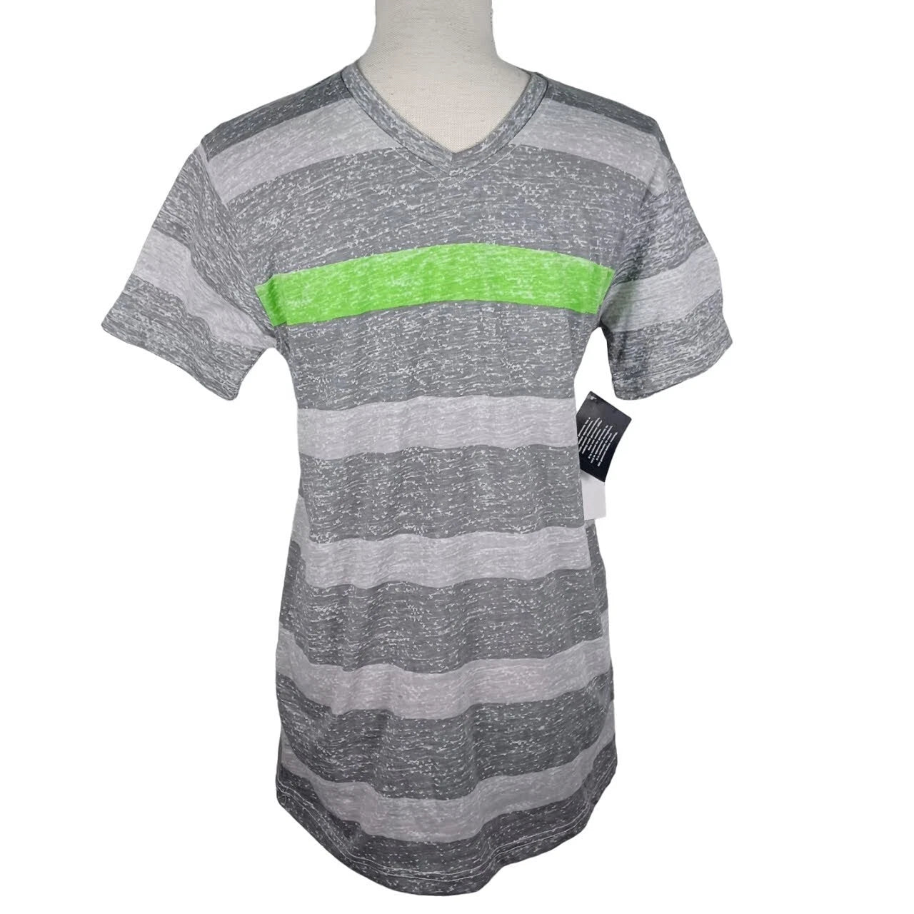 Straight Faded NEW V-Neck T-Shirt Green & Gray Striped -Short Sleeve