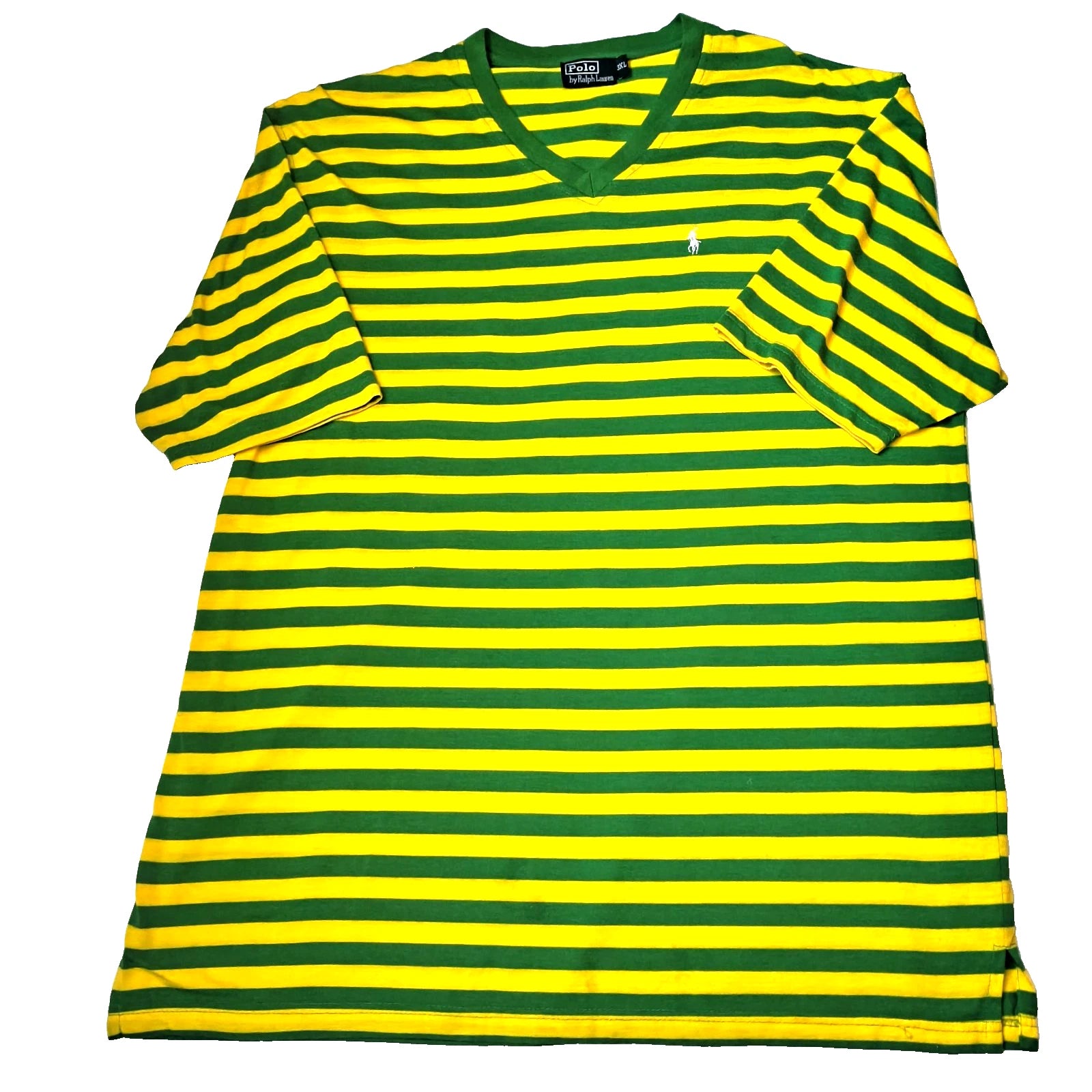 VTG Polo Ralph Lauren Striped Vneck Shirt Mens 3XL Green Yellow Y2K 90's Flaw