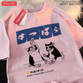 Harajuku Japanese Cat Drinking Tops Mens Fashion O-Neck T-Shirt Street Summer Ov