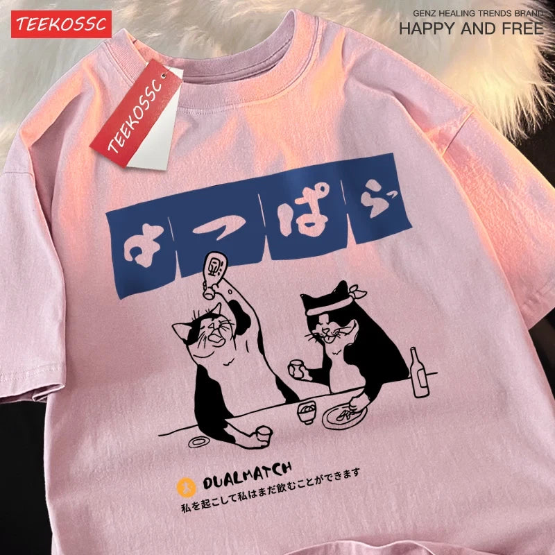Harajuku Japanese Cat Drinking Tops Mens Fashion O-Neck T-Shirt Street Summer Ov